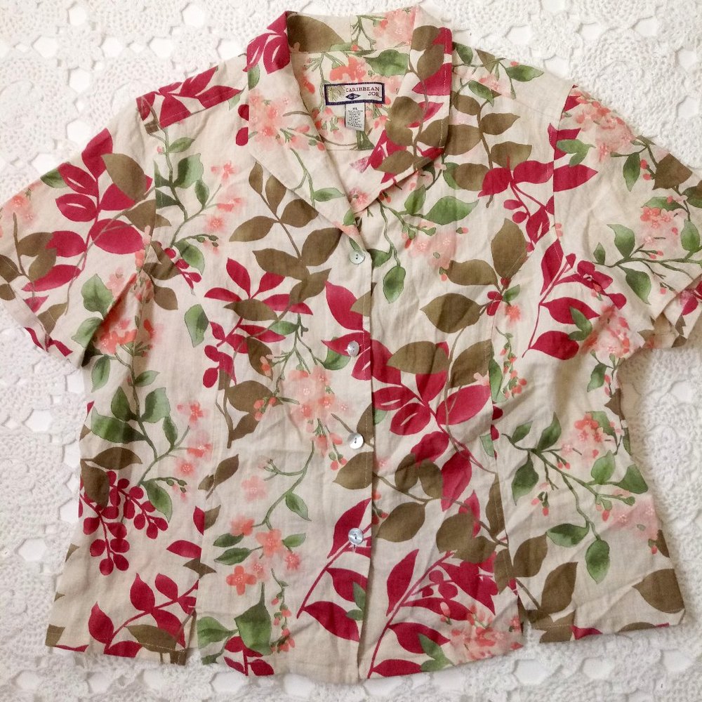 Caribbean Joe Women casual Shirt Floral Linen beach Short Sleeve Pink sz XL